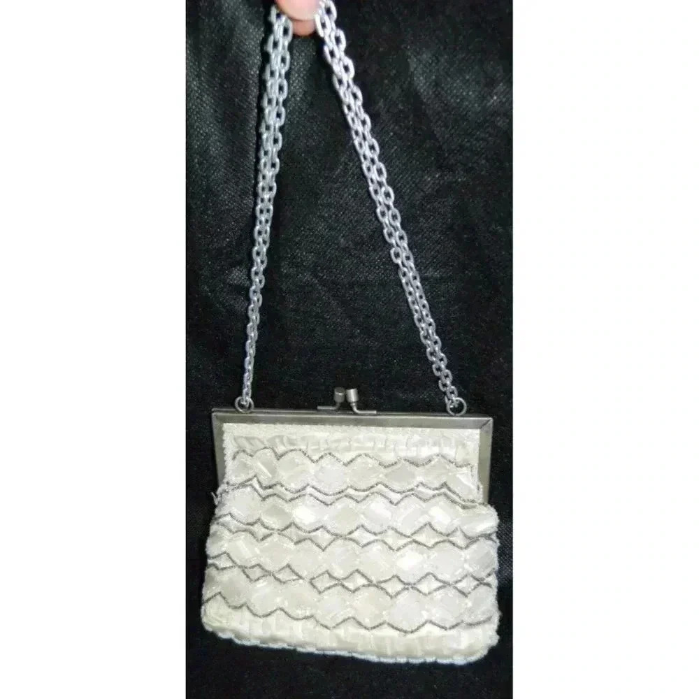 VTG White Clear Silver Glass Bead Geometric Handbag Purse Clutch